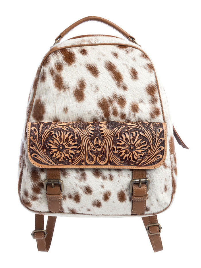 Myra Bag S-10724 Womens La Jara Hand-Tooled Backpack Bag Brown side / front view. If you need any assistance with this item or the purchase of this item please call us at five six one seven four eight eight eight zero one Monday through Saturday 10:00a.m EST to 8:00 p.m EST