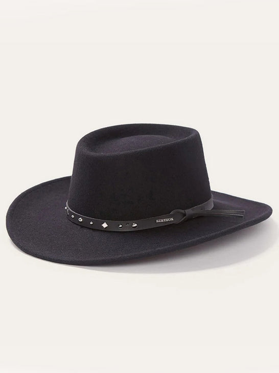 Stetson SWBKHK-783207 BLACK HAWK Outdoor Crushable Felt Hat Black side / front view. If you need any assistance with this item or the purchase of this item please call us at five six one seven four eight eight eight zero one Monday through Saturday 10:00a.m EST to 8:00 p.m EST