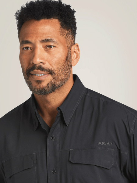 Ariat 10039581 Mens VentTEK Outbound Classic Fit Shirt Black front close up. If you need any assistance with this item or the purchase of this item please call us at five six one seven four eight eight eight zero one Monday through Saturday 10:00a.m EST to 8:00 p.m EST