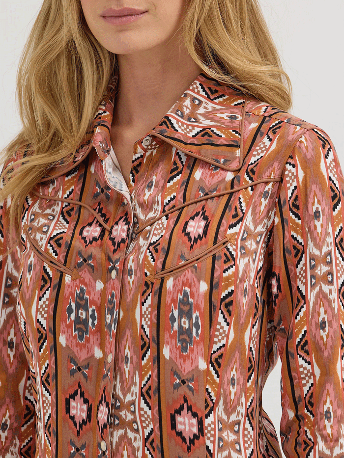 Wrangler 112360599 Womens X Lainey Wilson Chestnut Checotah Western Shirt Brown front view. If you need any assistance with this item or the purchase of this item please call us at five six one seven four eight eight eight zero one Monday through Saturday 10:00a.m EST to 8:00 p.m EST