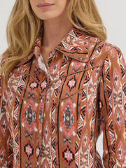 Wrangler 112360599 Womens X Lainey Wilson Chestnut Checotah Western Shirt Brown front close up view. If you need any assistance with this item or the purchase of this item please call us at five six one seven four eight eight eight zero one Monday through Saturday 10:00a.m EST to 8:00 p.m EST