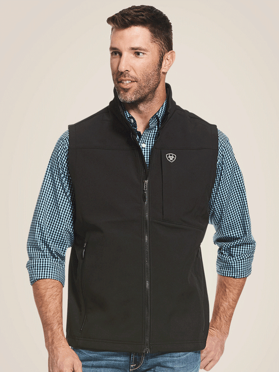 Ariat 10028321 Mens Logo 2.0 Softshell Vest Black front view. If you need any assistance with this item or the purchase of this item please call us at five six one seven four eight eight eight zero one Monday through Saturday 10:00a.m EST to 8:00 p.m EST