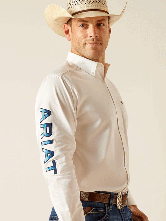 Ariat 10051337 Mens Team Logo Twill Classic Fit Shirt White side view. If you need any assistance with this item or the purchase of this item please call us at five six one seven four eight eight eight zero one Monday through Saturday 10:00a.m EST to 8:00 p.m EST