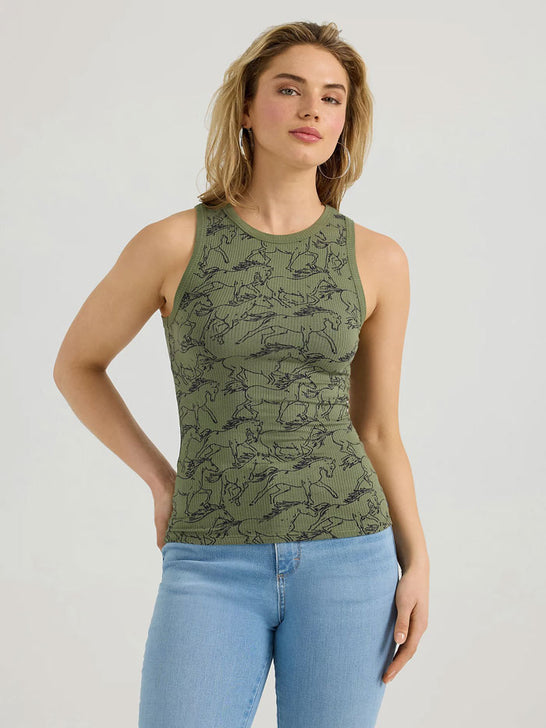 Wrangler 112361137 Womens Printed Slim Goddess Tank Olive Green front view. If you need any assistance with this item or the purchase of this item please call us at five six one seven four eight eight eight zero one Monday through Saturday 10:00a.m EST to 8:00 p.m EST