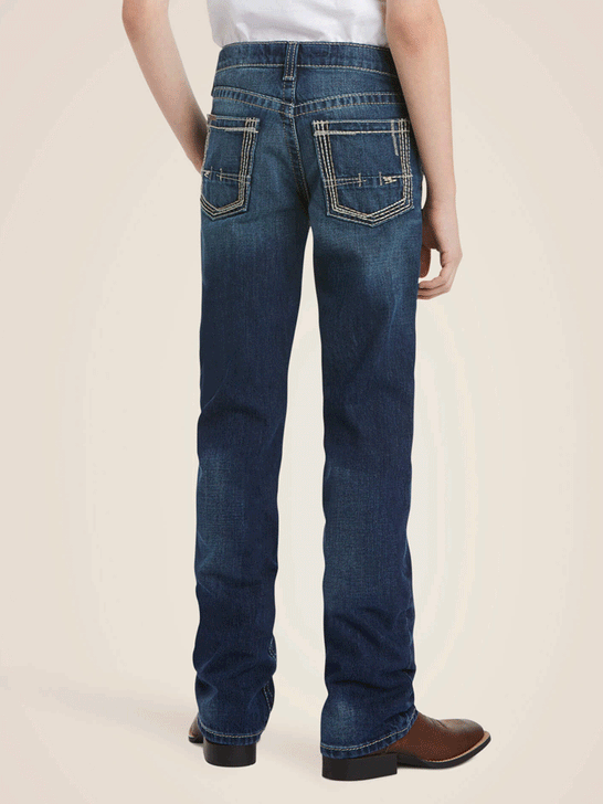 Ariat 10018338 Kids B5 Slim Boundary Stackable Straight Leg Jean Cyclone Navy back view. If you need any assistance with this item or the purchase of this item please call us at five six one seven four eight eight eight zero one Monday through Saturday 10:00a.m EST to 8:00 p.m EST