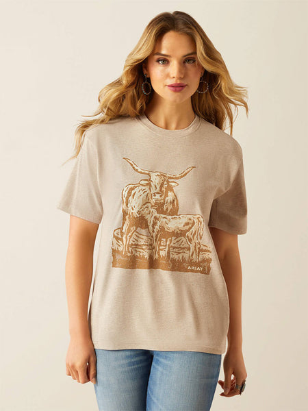 Ariat 10058715 Womens Longhorn T-Shirt Oatmeal Heather front view. If you need any assistance with this item or the purchase of this item please call us at five six one seven four eight eight eight zero one Monday through Saturday 10:00a.m EST to 8:00 p.m EST
