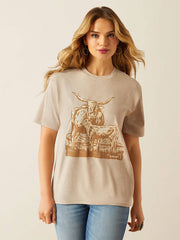 Ariat 10058715 Womens Longhorn T-Shirt Oatmeal Heather front view. If you need any assistance with this item or the purchase of this item please call us at five six one seven four eight eight eight zero one Monday through Saturday 10:00a.m EST to 8:00 p.m EST