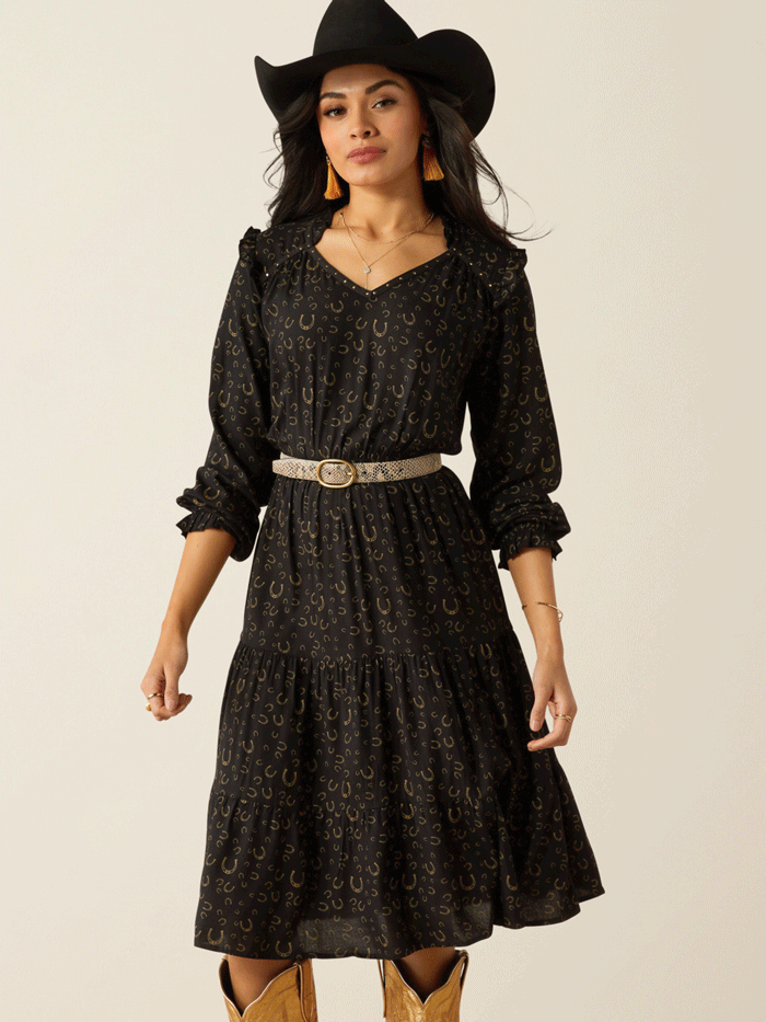 Ariat 10053967 Womens Blinged Out Dress Golden Horseshoes Print Black – J.C. Western® Wear