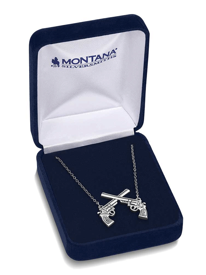 Montana Silversmiths NC5879 Womens Crossed Pistols Pendant Necklace Silver front view. If you need any assistance with this item or the purchase of this item please call us at five six one seven four eight eight eight zero one Monday through Saturday 10:00a.m EST to 8:00 p.m EST