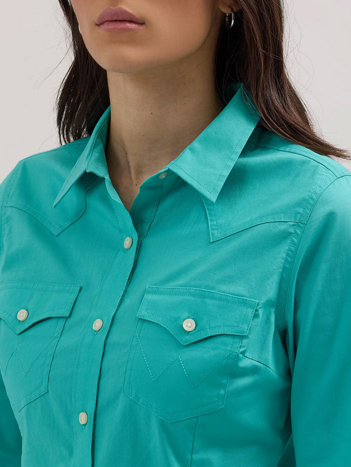 Wrangler 112358060 Womens Western Button Down Shirt Turquoise front view. If you need any assistance with this item or the purchase of this item please call us at five six one seven four eight eight eight zero one Monday through Saturday 10:00a.m EST to 8:00 p.m EST