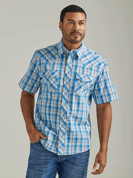 Wrangler 112326469 Mens Short Sleeve Western Plaid Shirt Blue Horizons front view. If you need any assistance with this item or the purchase of this item please call us at five six one seven four eight eight eight zero one Monday through Saturday 10:00a.m EST to 8:00 p.m EST