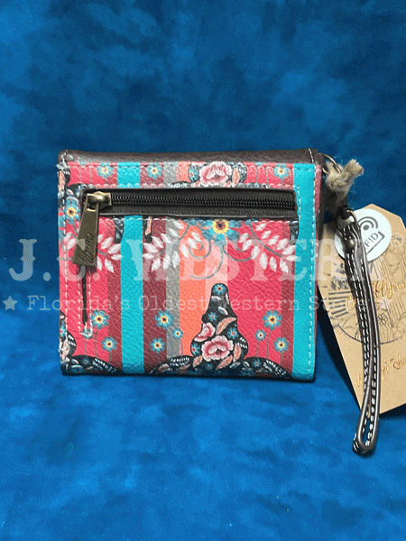 Catchfly 22035626WMUL Womens Steer Head Print Mini Wallet Turquoise And Coral back view standing. If you need any assistance with this item or the purchase of this item please call us at five six one seven four eight eight eight zero one Monday through Saturday 10:00a.m EST to 8:00 p.m EST