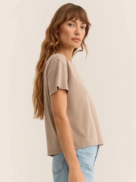 Z Supply ZT241208 Womens Go To Tee Iced Coffee Tan side view untucked. If you need any assistance with this item or the purchase of this item please call us at five six one seven four eight eight eight zero one Monday through Saturday 10:00a.m EST to 8:00 p.m EST