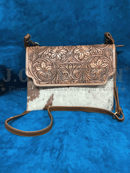 Western Fashion SVK-966 Oil Calf Hand Tooled Hair On Handbag Tan front view. If you need any assistance with this item or the purchase of this item please call us at five six one seven four eight eight eight zero one Monday through Saturday 10:00a.m EST to 8:00 p.m EST