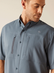 Ariat 10048844 Mens VentTEK Classic Fit Short Sleeve Shirt Newsboy Blue Grey close up view of front. If you need any assistance with this item or the purchase of this item please call us at five six one seven four eight eight eight zero one Monday through Saturday 10:00a.m EST to 8:00 p.m EST