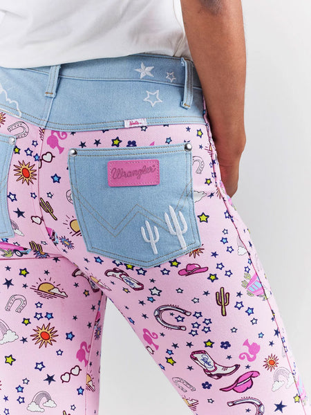 Wrangler 112345041 Womens BARBIE Retro High Rise Trouser Jean Pinnacle Pink back close up. If you need any assistance with this item or the purchase of this item please call us at five six one seven four eight eight eight zero one Monday through Saturday 10:00a.m EST to 8:00 p.m EST