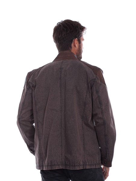 Mens Canvas And Leather Trim Jacket Chocolate back view. If you need any assistance with this item or the purchase of this item please call us at five six one seven four eight eight eight zero one Monday through Saturday 10:00a.m EST to 8:00 p.m EST