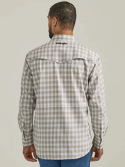 Wrangler 112333324 Mens Performance Long Sleeve Snap Shirt Tan back view. If you need any assistance with this item or the purchase of this item please call us at five six one seven four eight eight eight zero one Monday through Saturday 10:00a.m EST to 8:00 p.m EST