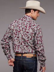 Stetson 11-001-0425-5026 Mens Long Sleeve Paisley Print Snap Shirt Wine back view. If you need any assistance with this item or the purchase of this item please call us at five six one seven four eight eight eight zero one Monday through Saturday 10:00a.m EST to 8:00 p.m EST