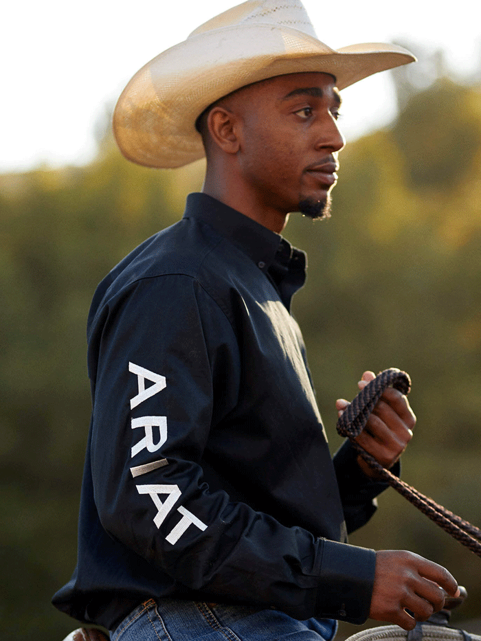Ariat 10034231 Mens Team Logo Twill Fitted Shirt Black front view. If you need any assistance with this item or the purchase of this item please call us at five six one seven four eight eight eight zero one Monday through Saturday 10:00a.m EST to 8:00 p.m EST