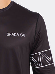 Shaka Kai DaveL SHARK BAIT Mens Long Sleeve Performance Shirt Black close up. If you need any assistance with this item or the purchase of this item please call us at five six one seven four eight eight eight zero one Monday through Saturday 10:00a.m EST to 8:00 p.m EST