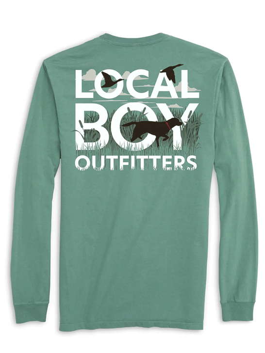 Local Boy Outfitters L1100147-LTG Mens Text and Tail Long Sleeve T-Shirt Light Green back view. If you need any assistance with this item or the purchase of this item please call us at five six one seven four eight eight eight zero one Monday through Saturday 10:00a.m EST to 8:00 p.m EST