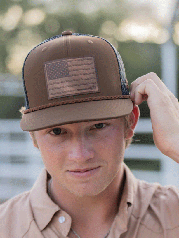 Hooey 2510T-BRBK LIBERTY ROPER 6 Panel Trucker Cap With Leather Patch Brown front and side view. If you need any assistance with this item or the purchase of this item please call us at five six one seven four eight eight eight zero one Monday through Saturday 10:00a.m EST to 8:00 p.m EST