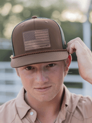 Hooey 2510T-BRBK LIBERTY ROPER 6 Panel Trucker Cap With Leather Patch Brown full front view on model. If you need any assistance with this item or the purchase of this item please call us at five six one seven four eight eight eight zero one Monday through Saturday 10:00a.m EST to 8:00 p.m EST