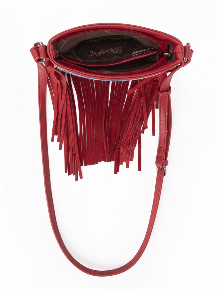 Wrangler WG44-8360RD Womens Leather Fringe Jean Denim Pocket Crossbody Bag Red front. If you need any assistance with this item or the purchase of this item please call us at five six one seven four eight eight eight zero one Monday through Saturday 10:00a.m EST to 8:00 p.m EST

