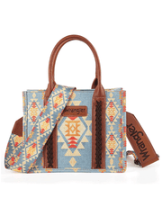 Wrangler WG2202-8120SBR Womens Southwestern Print Small Canvas Crossbody Tote Brown Light Blue front view. If you need any assistance with this item or the purchase of this item please call us at five six one seven four eight eight eight zero one Monday through Saturday 10:00a.m EST to 8:00 p.m EST

