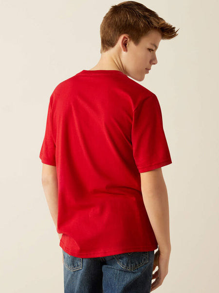 Ariat 10054040 Kids Buffalo West T-Shirt Red back view. If you need any assistance with this item or the purchase of this item please call us at five six one seven four eight eight eight zero one Monday through Saturday 10:00a.m EST to 8:00 p.m EST