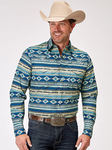 Roper 03-001-0067-0322 Mens Long Sleeve Aztec Print Shirt Blue front view. If you need any assistance with this item or the purchase of this item please call us at five six one seven four eight eight eight zero one Monday through Saturday 10:00a.m EST to 8:00 p.m EST