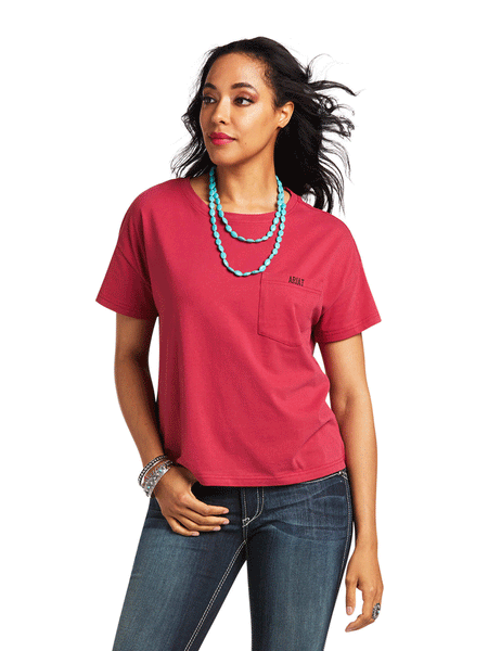 Ariat 10039830 Womens Rodeo Show Tee Red Bud front view. If you need any assistance with this item or the purchase of this item please call us at five six one seven four eight eight eight zero one Monday through Saturday 10:00a.m EST to 8:00 p.m EST