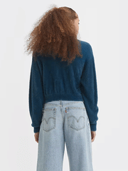 Levis A32350006 Womens Cat Cardigan Sweater Gibralter Sea Blue back view on model. If you need any assistance with this item or the purchase of this item please call us at five six one seven four eight eight eight zero one Monday through Saturday 10:00a.m EST to 8:00 p.m EST