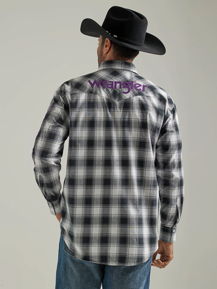Wrangler 112327777 Mens Logo Long Sleeve Snap Plaid Shirt Black White Buffalo front view. If you need any assistance with this item or the purchase of this item please call us at five six one seven four eight eight eight zero one Monday through Saturday 10:00a.m EST to 8:00 p.m EST