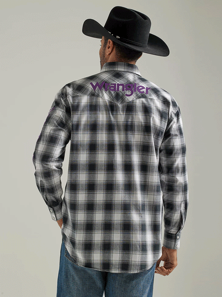 Wrangler 112327777 Mens Logo Long Sleeve Snap Plaid Shirt Black White Buffalo back view. If you need any assistance with this item or the purchase of this item please call us at five six one seven four eight eight eight zero one Monday through Saturday 10:00a.m EST to 8:00 p.m EST