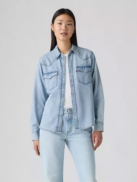 Levi's 868320049 Womens The Ultimate Western Shirt Ig Discussion Blue front view. If you need any assistance with this item or the purchase of this item please call us at five six one seven four eight eight eight zero one Monday through Saturday 10:00a.m EST to 8:00 p.m EST