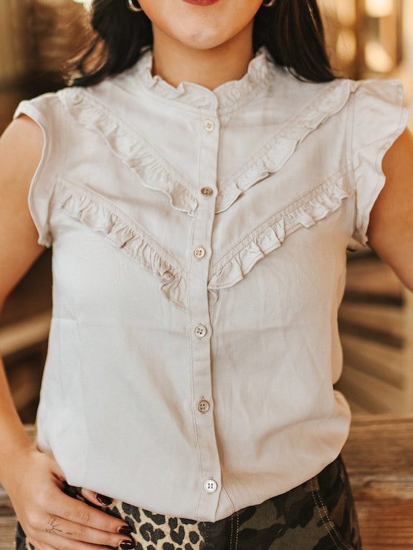 Lucky & Blessed TO1257-IVY Womens Concho Button Down Ruffle Vintage Shirt Ivory front view. If you need any assistance with this item or the purchase of this item please call us at five six one seven four eight eight eight zero one Monday through Saturday 10:00a.m EST to 8:00 p.m EST