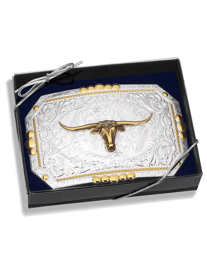 Montana Silversmiths 45410-767M Principle Longhorn Showpiece Belt Buckle Silver front. If you need any assistance with this item or the purchase of this item please call us at five six one seven four eight eight eight zero one Monday through Saturday 10:00a.m EST to 8:00 p.m EST