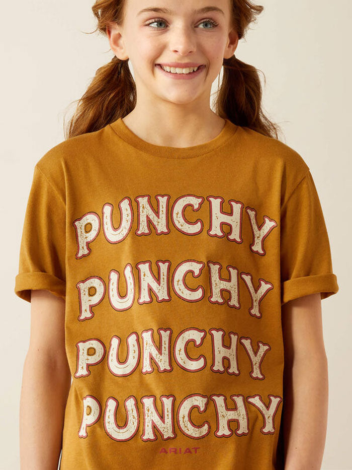 Ariat 10054025 Kids Punchy Rally Call T-Shirt Harvest Gold front view. If you need any assistance with this item or the purchase of this item please call us at five six one seven four eight eight eight zero one Monday through Saturday 10:00a.m EST to 8:00 p.m EST