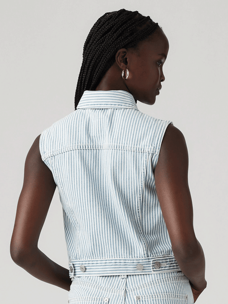 Levi's A74370007 Womens Handy Woman Trucker XS Vest Light Wash back view on model. If you need any assistance with this item or the purchase of this item please call us at five six one seven four eight eight eight zero one Monday through Saturday 10:00a.m EST to 8:00 p.m EST