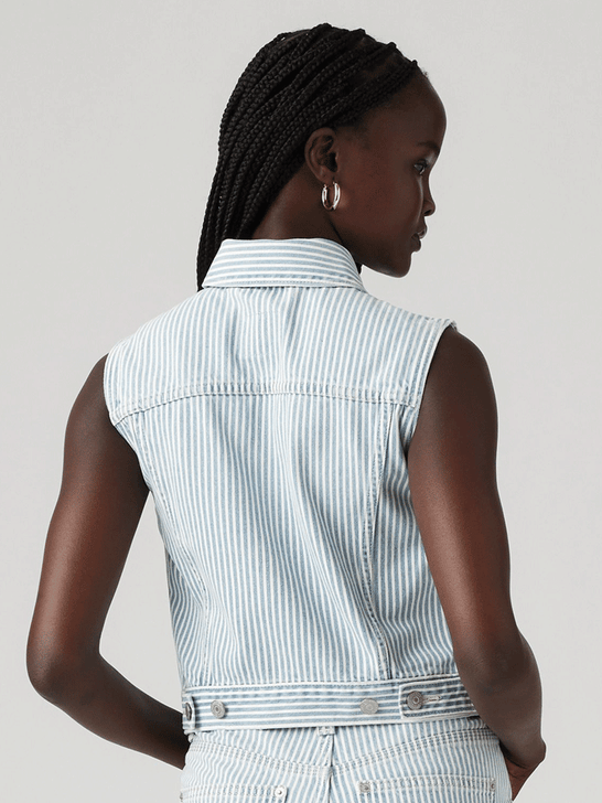 Levi's A74370007 Womens Handy Woman Trucker XS Vest Light Wash back view on model. If you need any assistance with this item or the purchase of this item please call us at five six one seven four eight eight eight zero one Monday through Saturday 10:00a.m EST to 8:00 p.m EST
