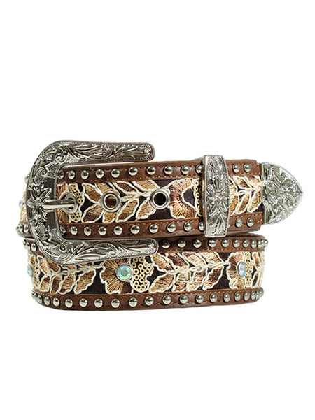 Angel Ranch D140003202 Womens Floral Stitch Crystal Studs Belt Brown front view. If you need any assistance with this item or the purchase of this item please call us at five six one seven four eight eight eight zero one Monday through Saturday 10:00a.m EST to 8:00 p.m EST
