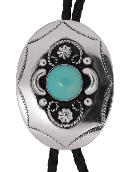 Western Express BT-202 Oval German Silver Bolo Tie Turquoise front view. If you need any assistance with this item or the purchase of this item please call us at five six one seven four eight eight eight zero one Monday through Saturday 10:00a.m EST to 8:00 p.m EST