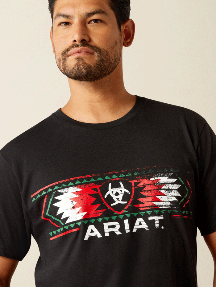 Ariat 10055156 Mens Southwestern Mexico T-Shirt Black front view. If you need any assistance with this item or the purchase of this item please call us at five six one seven four eight eight eight zero one Monday through Saturday 10:00a.m EST to 8:00 p.m EST