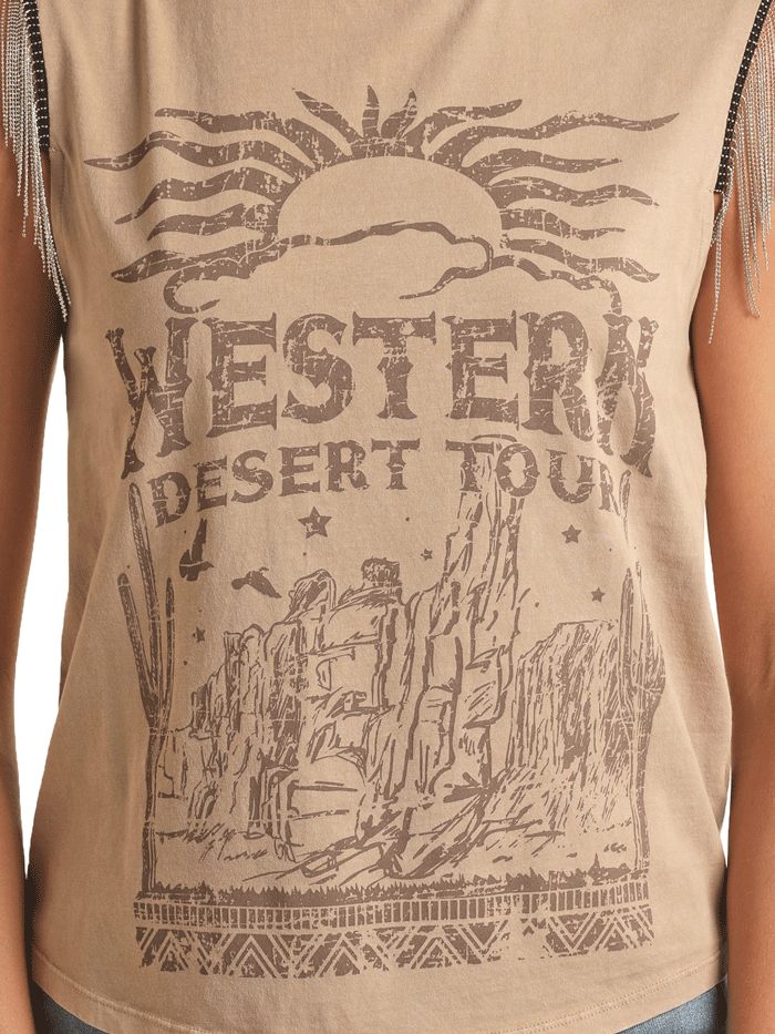 Rock & Roll Denim BW20T03299 Womens Chain Fringe Graphic Tank Tan front view . If you need any assistance with this item or the purchase of this item please call us at five six one seven four eight eight eight zero one Monday through Saturday 10:00a.m EST to 8:00 p.m EST