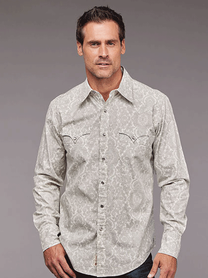 Stetson 11-001-0425-5029 Mens Silver Filigree Print Western Shirt Grey front view. If you need any assistance with this item or the purchase of this item please call us at five six one seven four eight eight eight zero one Monday through Saturday 10:00a.m EST to 8:00 p.m EST