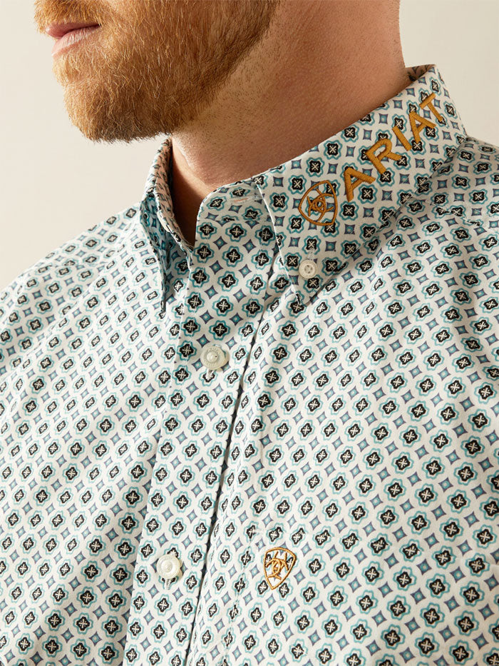 Ariat 10058962 Mens Team Franklin Classic Fit Shirt Brown Light Blue front view. If you need any assistance with this item or the purchase of this item please call us at five six one seven four eight eight eight zero one Monday through Saturday 10:00a.m EST to 8:00 p.m EST