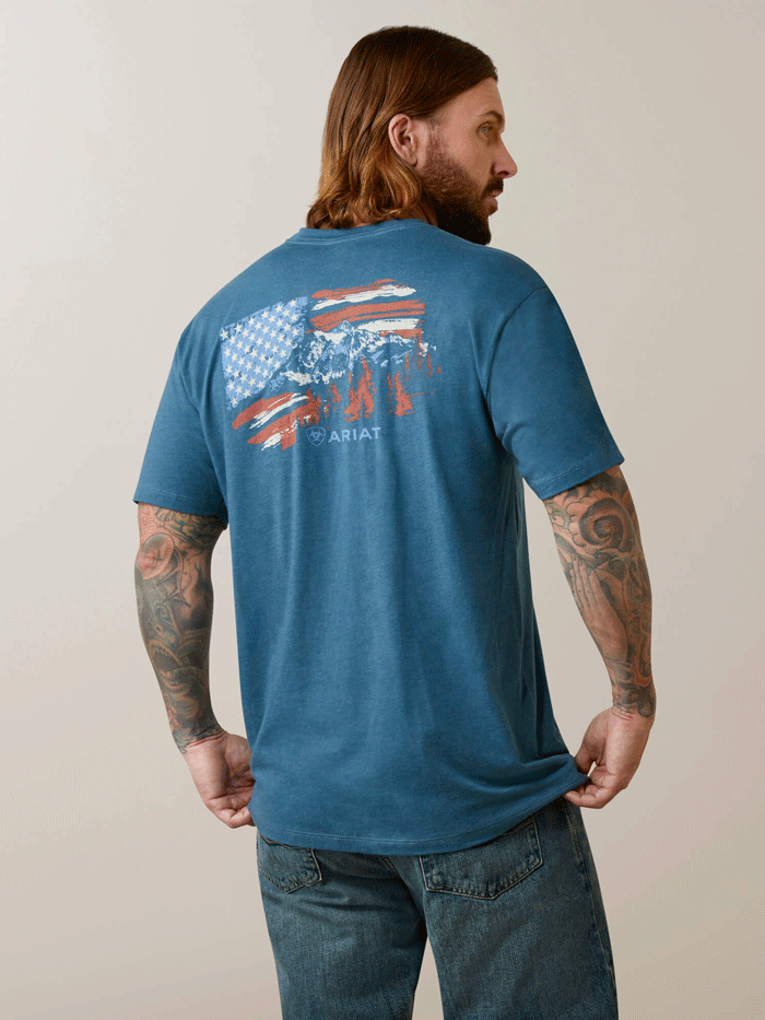 Ariat 10045279 Mens Mountain Flag T-Shirt Steel Blue Heather back view. If you need any assistance with this item or the purchase of this item please call us at five six one seven four eight eight eight zero one Monday through Saturday 10:00a.m EST to 8:00 p.m EST