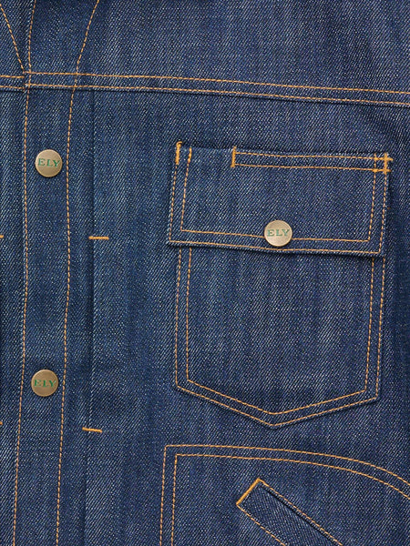 Ely Cattleman E4F241012-DN Mens Vintage Reissue Jacket Denim close up. If you need any assistance with this item or the purchase of this item please call us at five six one seven four eight eight eight zero one Monday through Saturday 10:00a.m EST to 8:00 p.m EST